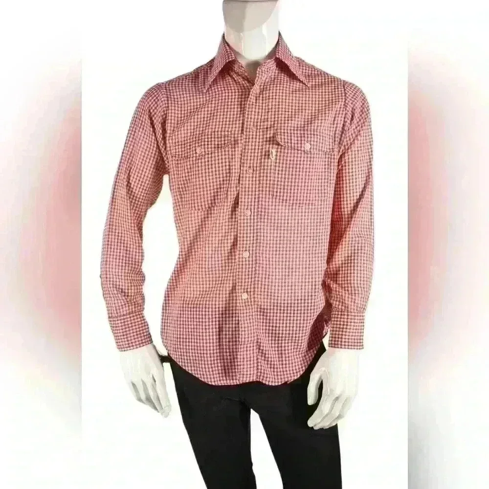 1970s LEVI'S Red Cotton Blend Gingham Western Tablecloth Picnic Shirt Small USA - Picture 1 of 7